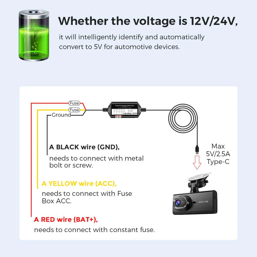 AZDOME JYX05 3-Lead Acc Hardwire Kit Type-C Port, 12ft with Fuse Kit for M550 M660 M300S PG17 GS63 Series - Image 4