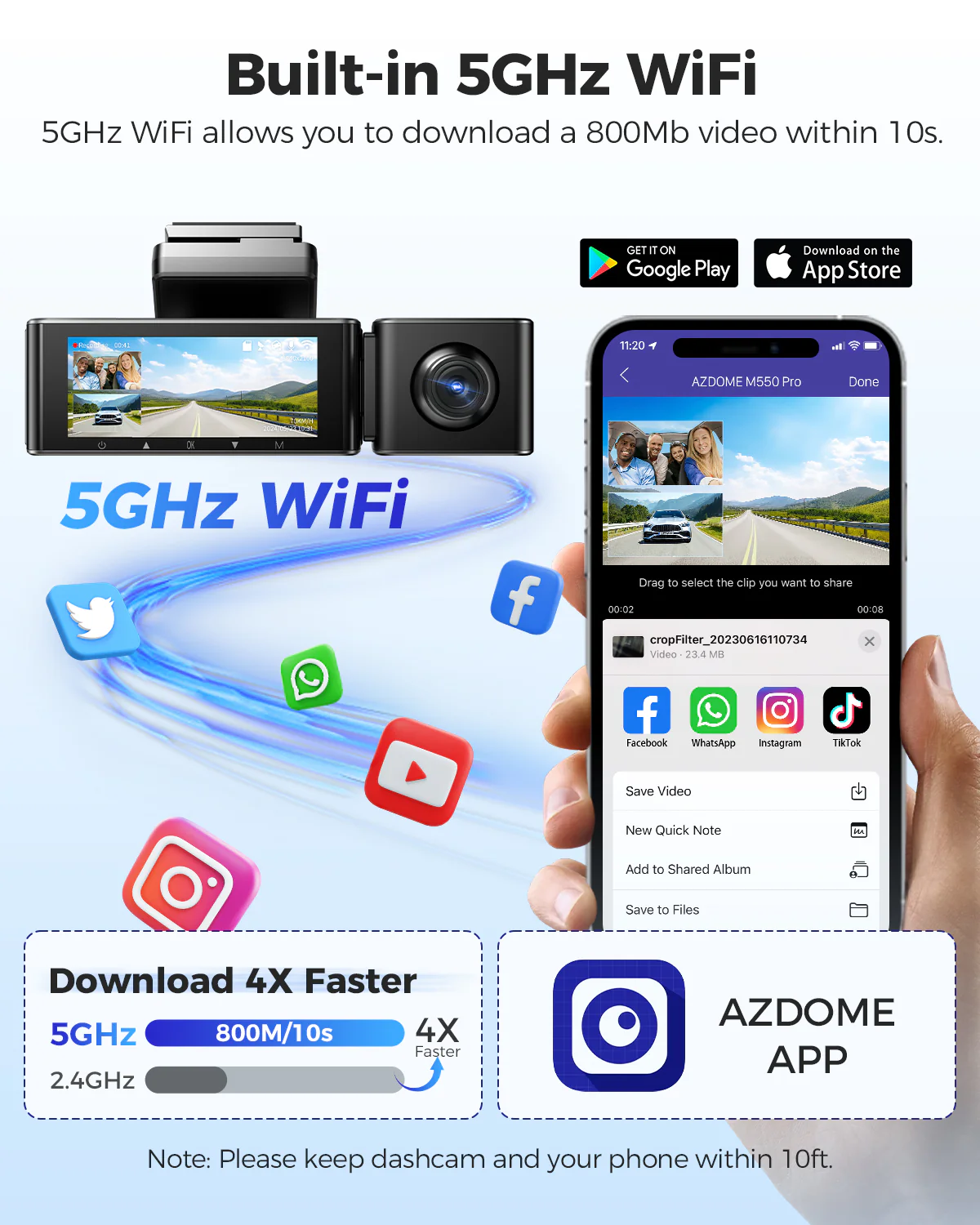 AZDOME M550 Pro 3CH Dash Cam 4K with 5G WiFi, 3.19" Screen IR Night Vision 24H Parking Mode - Image 6
