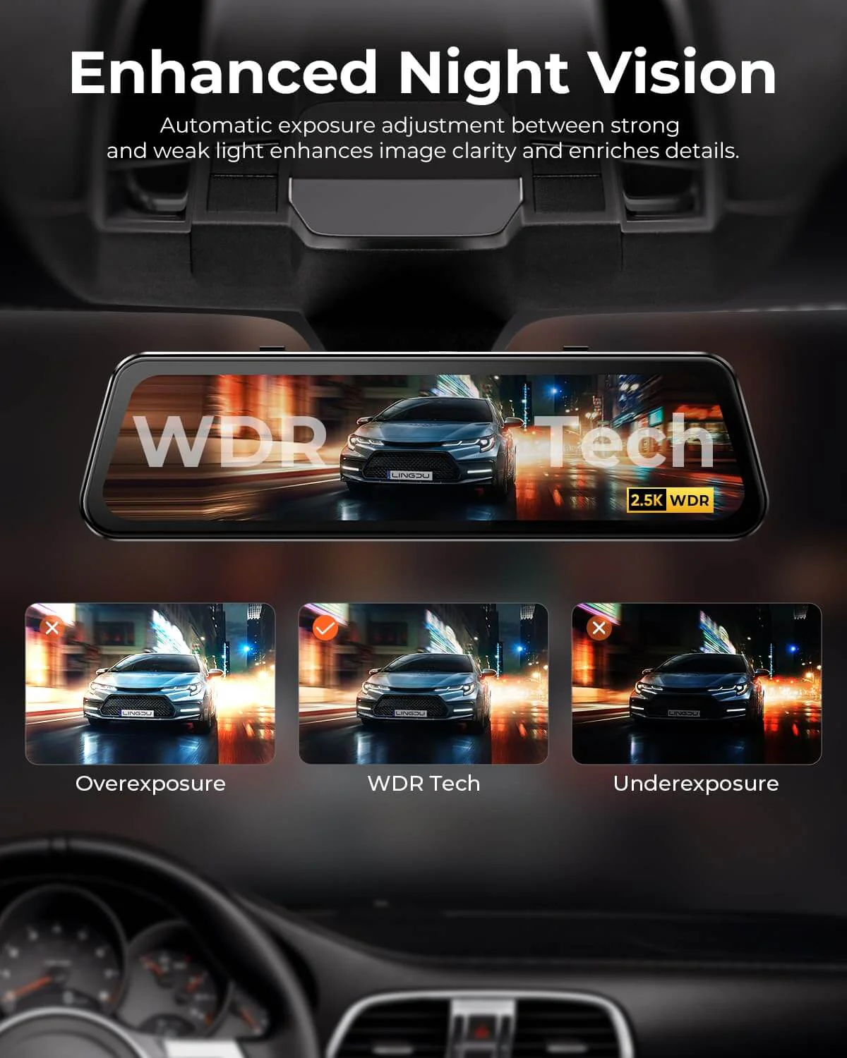 LINGDU LD2K 2CH Mirror Dash Cam 2.5K with 10" Touch Screen WDR Night Vision 24H Parking Mode - Image 7